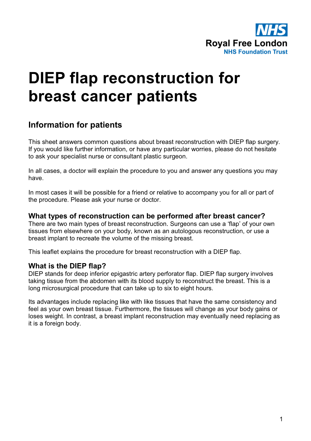 DIEP Flap Reconstruction for Breast Cancer Patients