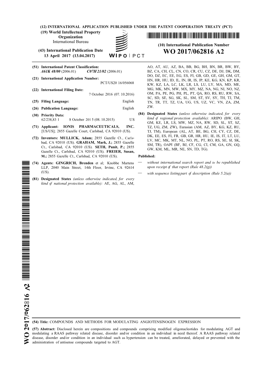 WO 2017/062816 A2 13 April 2017 (13.04.2017) P O P C T