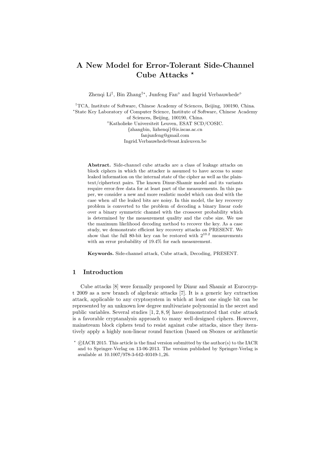 A New Model for Error-Tolerant Side-Channel Cube Attacks ⋆