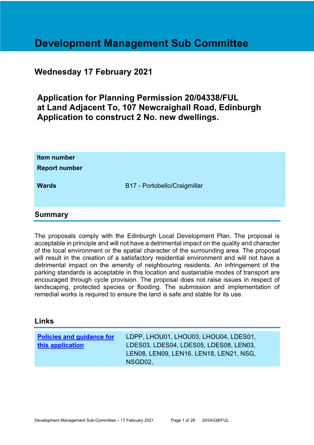 Wednesday 17 February 2021 Application for Planning Permission 20/04338/FUL at Land