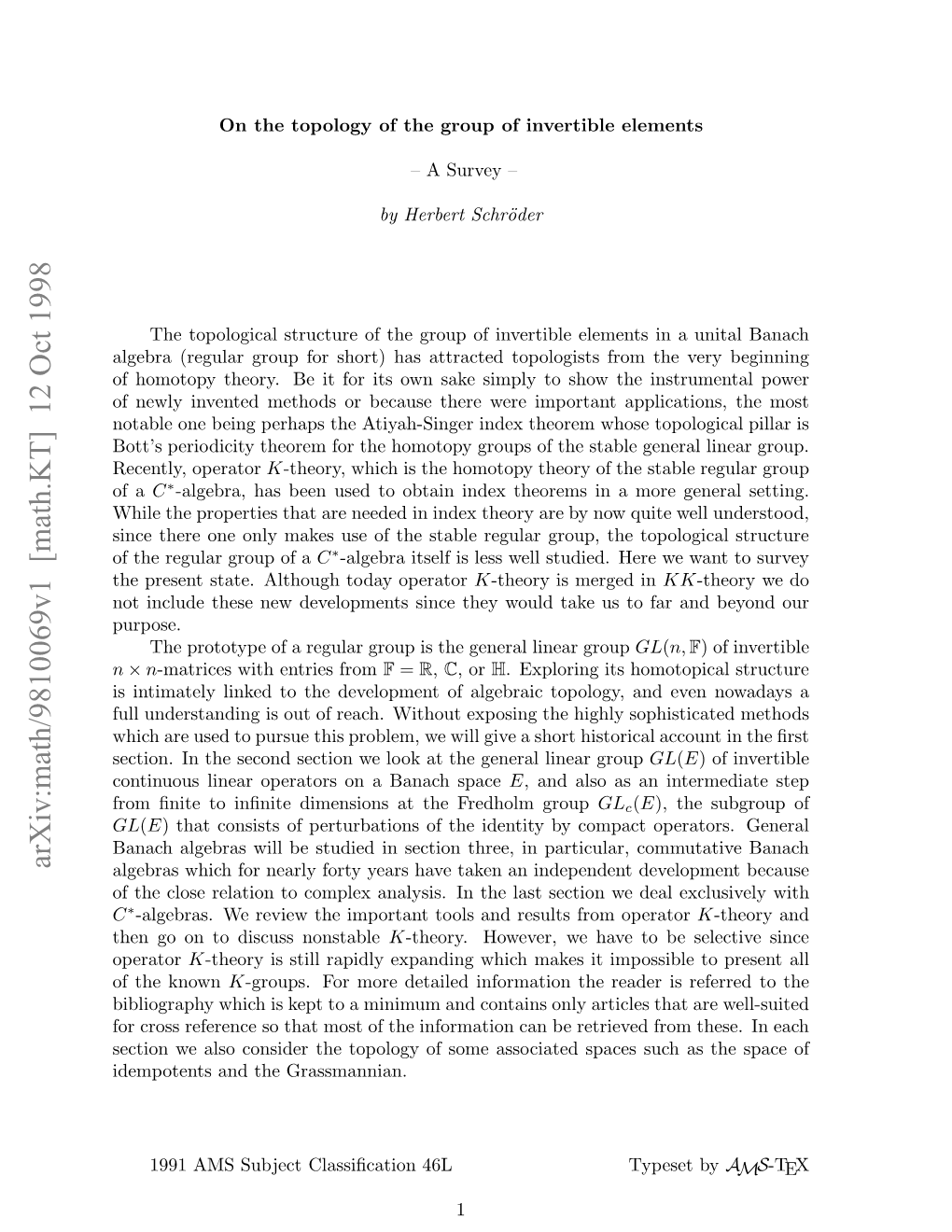 Arxiv:Math/9810069V1 [Math.KT] 12 Oct 1998 Fa of H Rsn Tt.Atog Oa Operator Today Although State