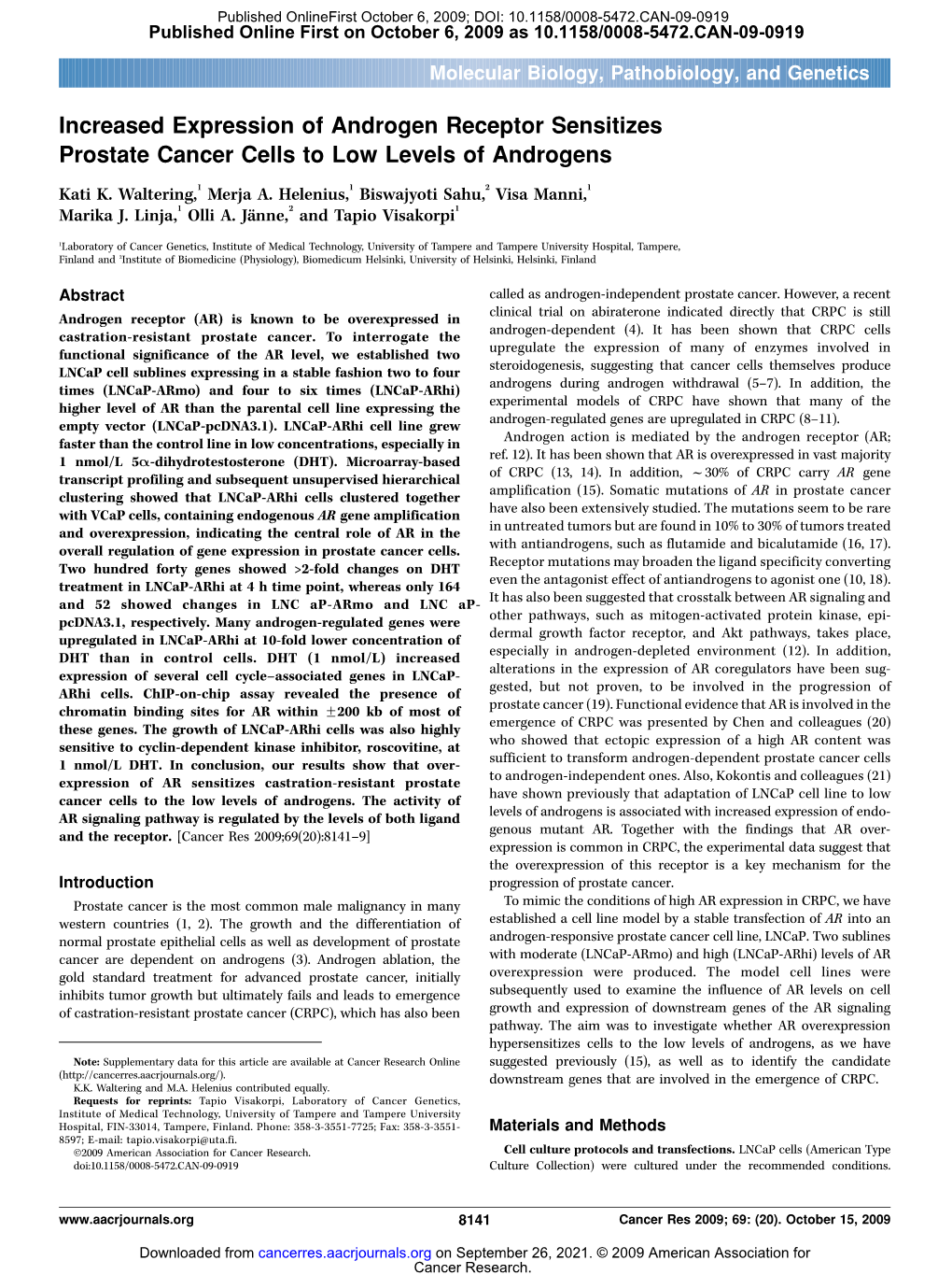 Increased Expression of Androgen Receptor Sensitizes Prostate Cancer Cells to Low Levels of Androgens