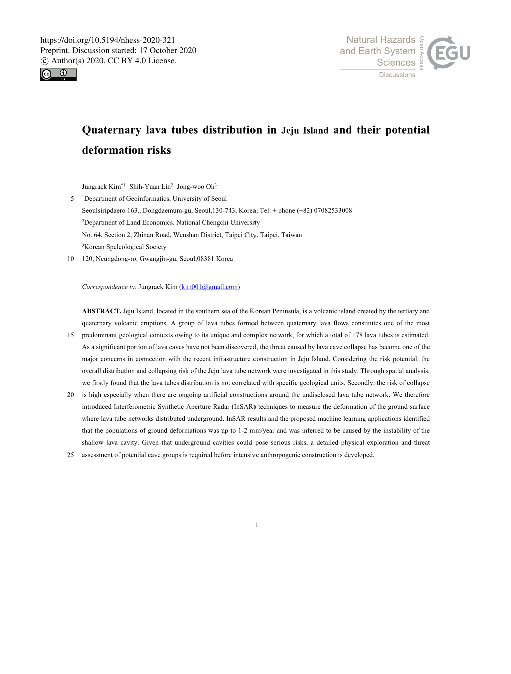 Quaternary Lava Tubes Distribution in Jeju Island and Their Potential Deformation Risks