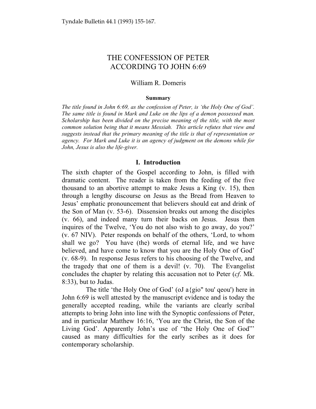 The Confession of Peter According to John 6:69