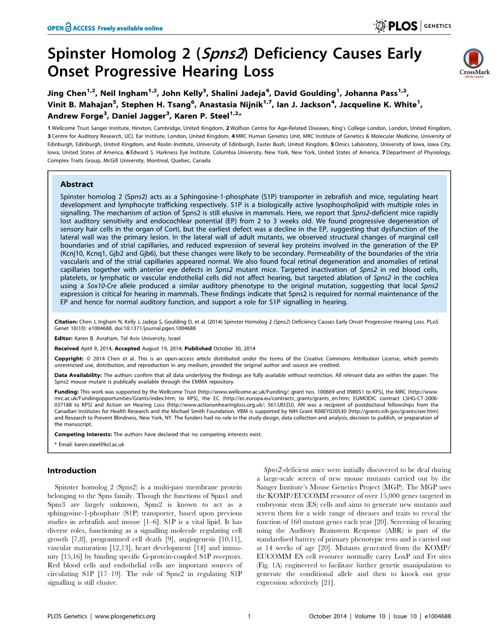 (Spns2) Deficiency Causes Early Onset Progressive Hearing Loss