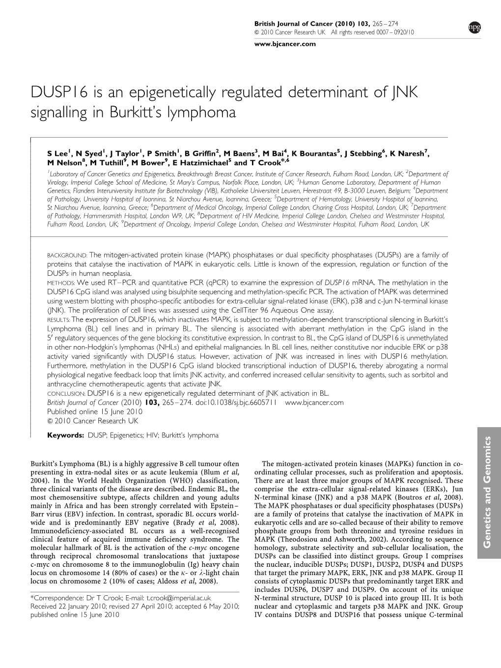 DUSP16 Is an Epigenetically Regulated Determinant of JNK Signalling in Burkitt&Apos