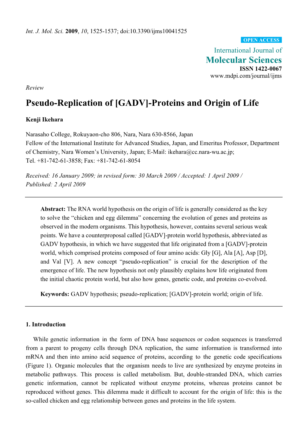 Pseudo-Replication of [GADV]-Proteins and Origin of Life