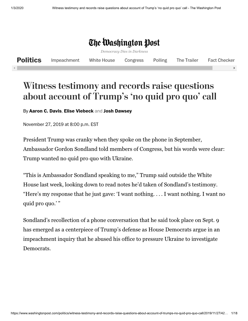 No Quid Pro Quo’ Call - the Washington Post