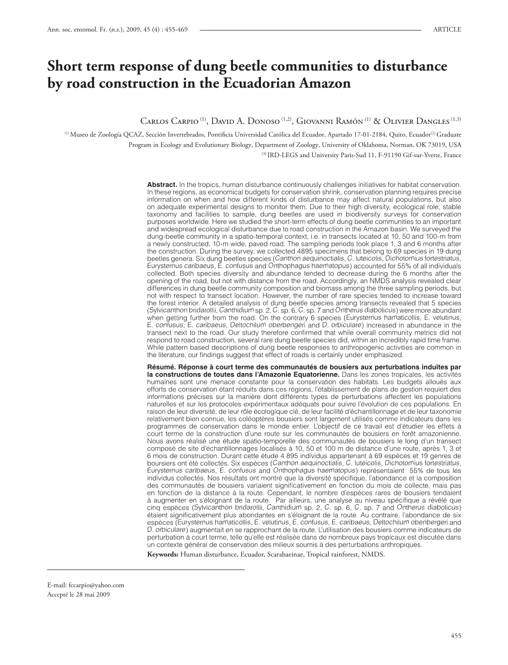 Short Term Response of Dung Beetle Communities to Disturbance by Road Construction in the Ecuadorian Amazon