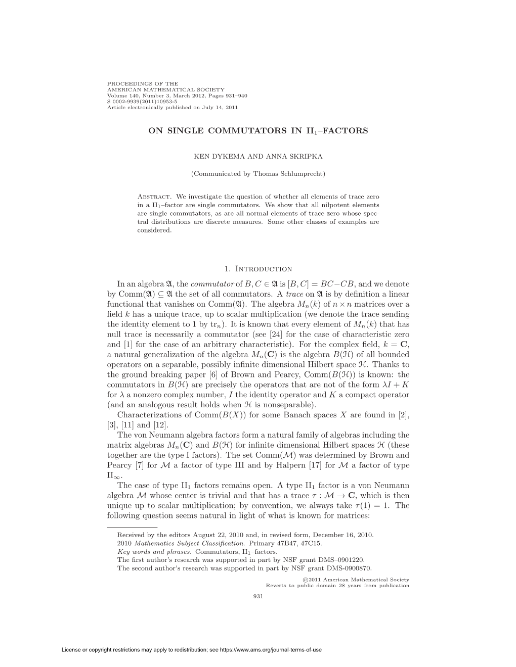 On Single Commutators in Ii1–Factors