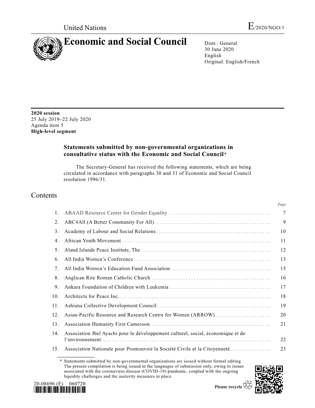 Economic and Social Council Distr.: General 30 June 2020 English Original: English/French