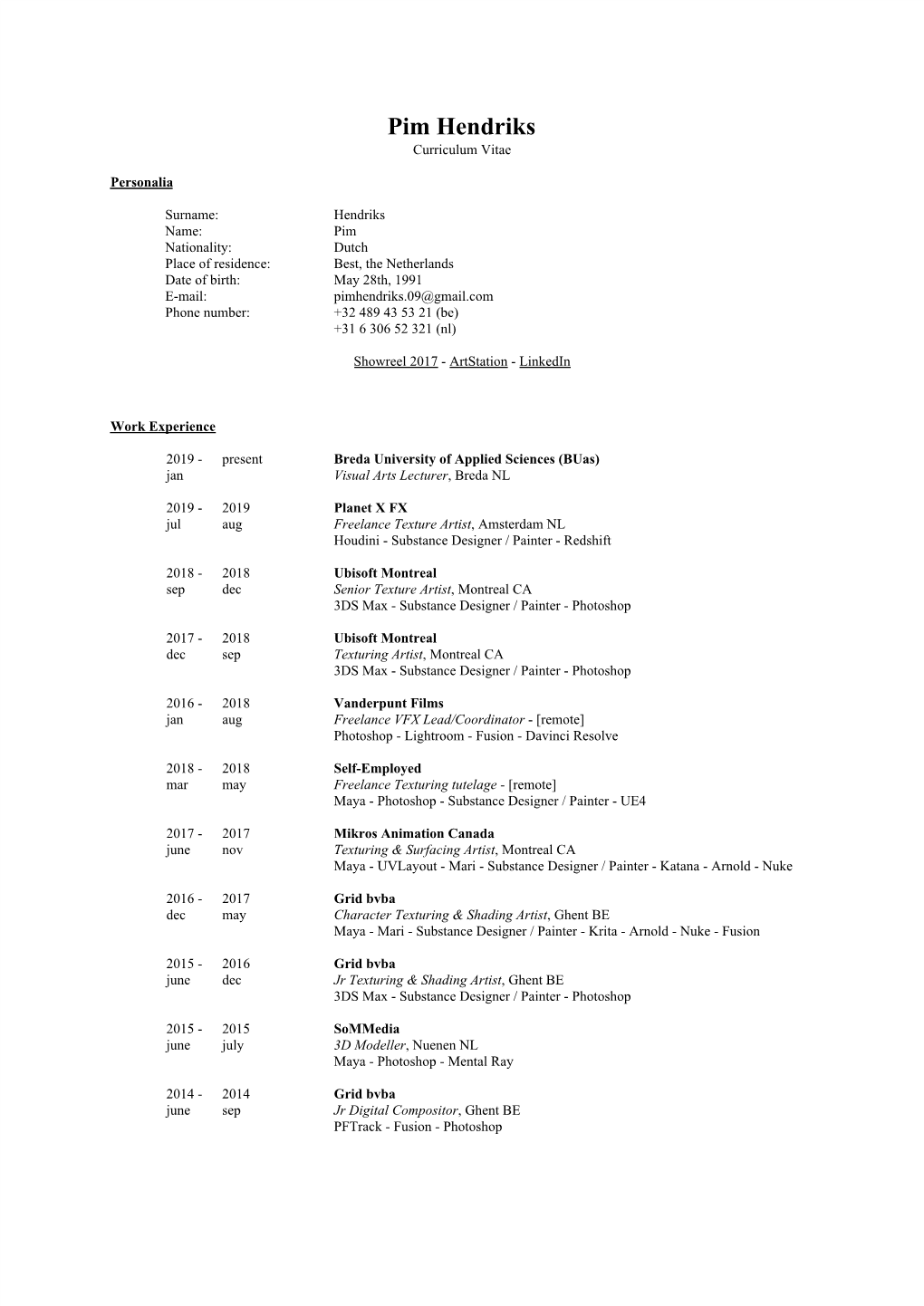 Pim Hendriks Curriculum Vitae