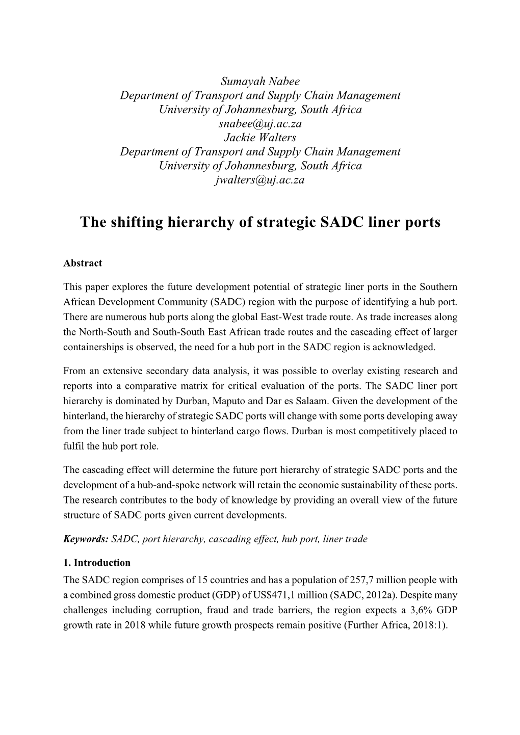 The Shifting Hierarchy of Strategic SADC Liner Ports