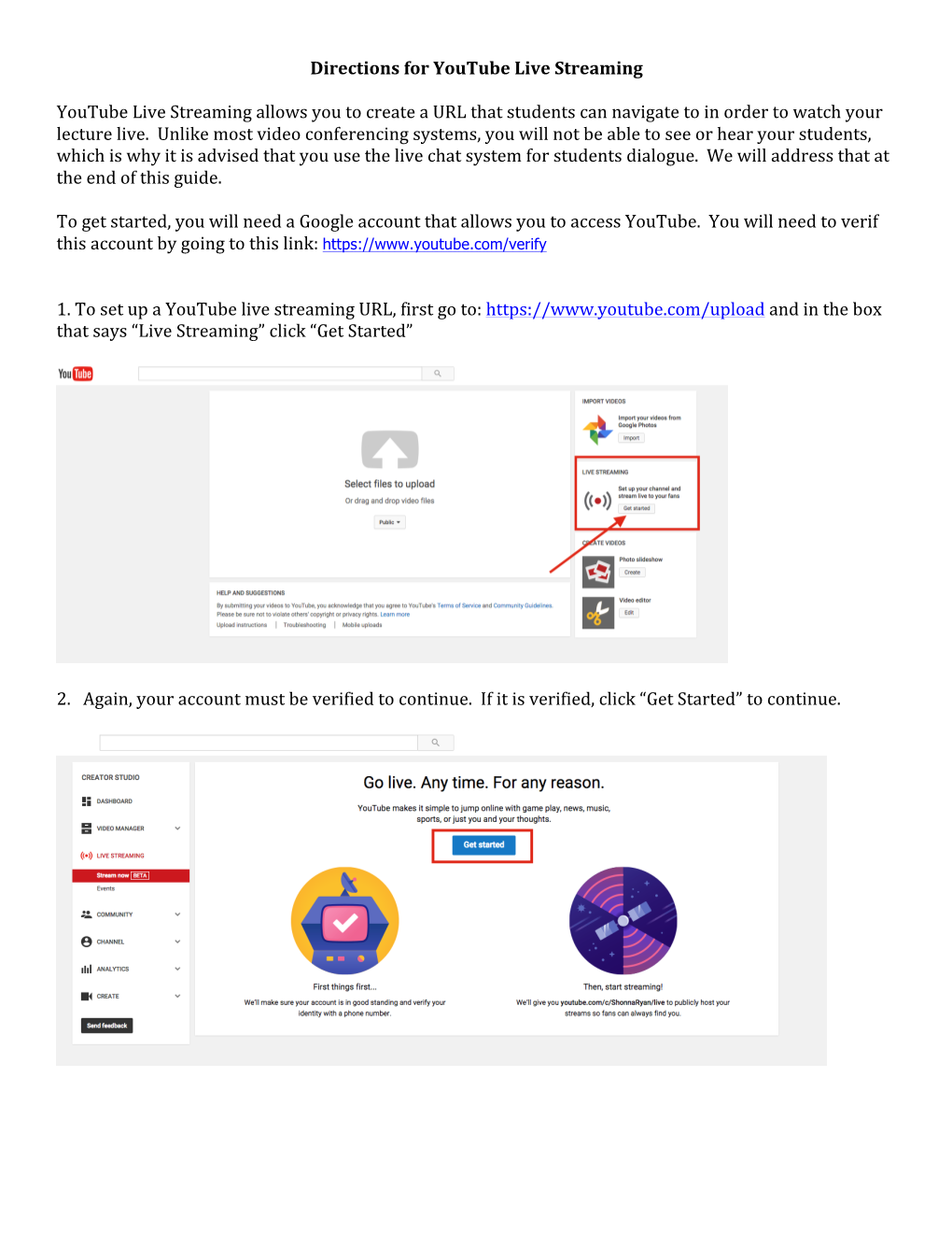 Directions for Youtube Live Streaming Youtube Live Streaming