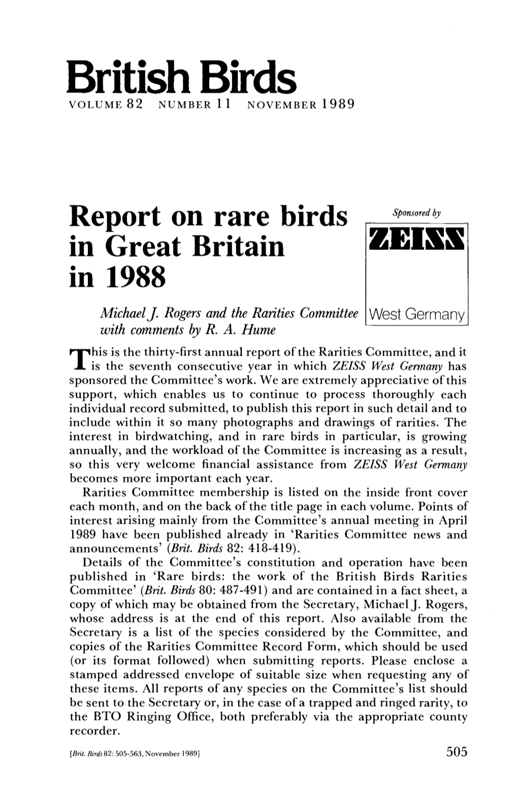 British Birds VOLUME 82 NUMBER 1 1 NOVEMBER 1989