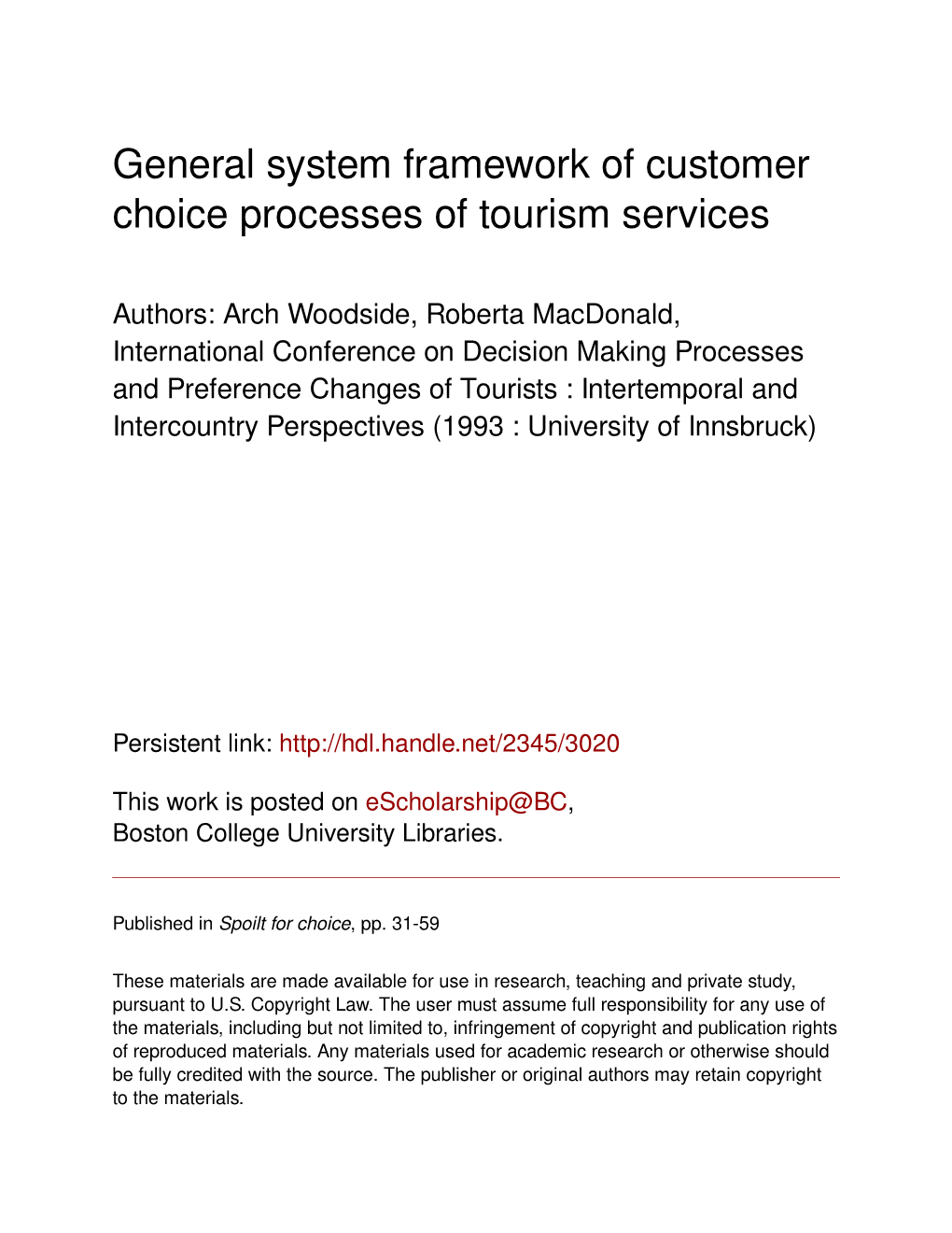 General System Framework of Customer Choice Processes of Tourism Services