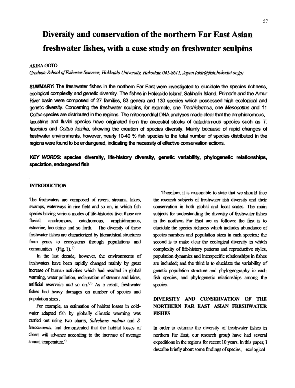 Diversity and Conservation of the Northern Far East Asian Freshwater Fishes, with a Case Study on Freshwater Sculpins