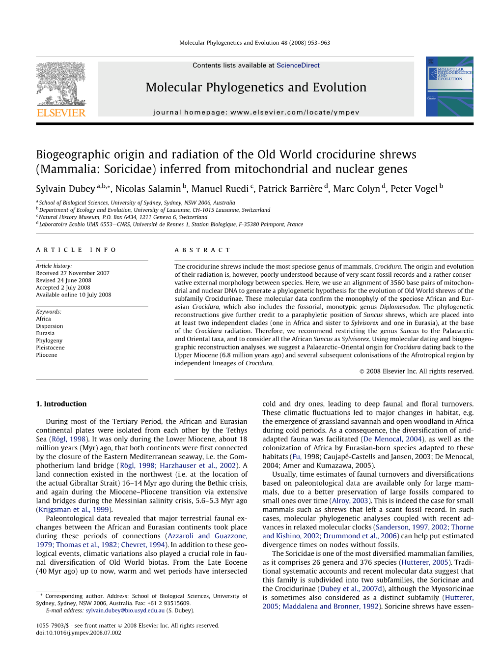 (Mammalia: Soricidae) Inferred from Mitochondrial and Nuclear Genes