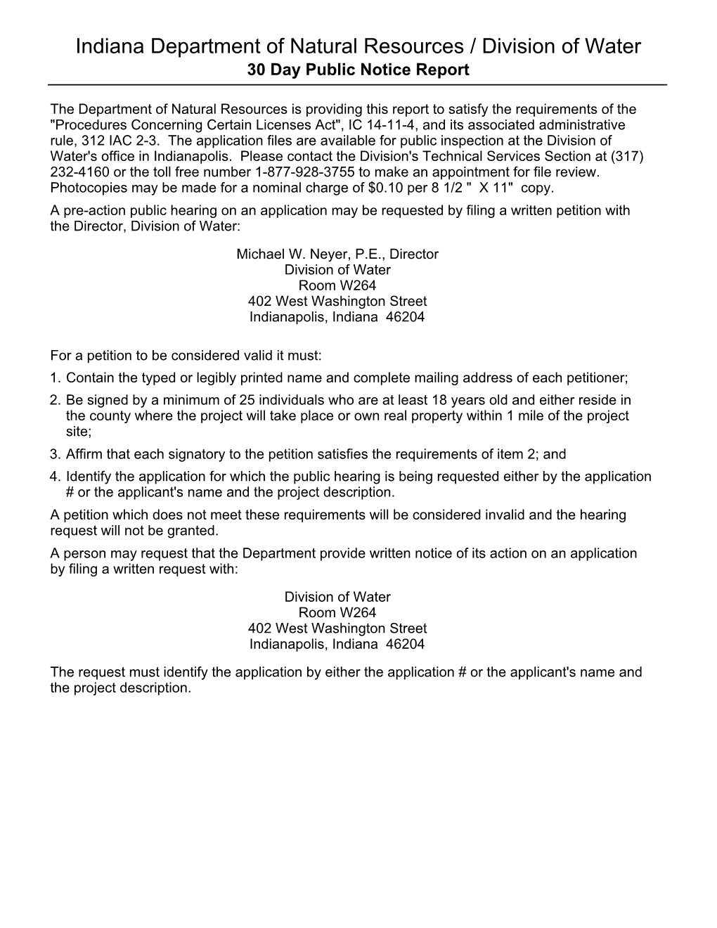 Indiana Department of Natural Resources / Division of Water 30 Day Public Notice Report