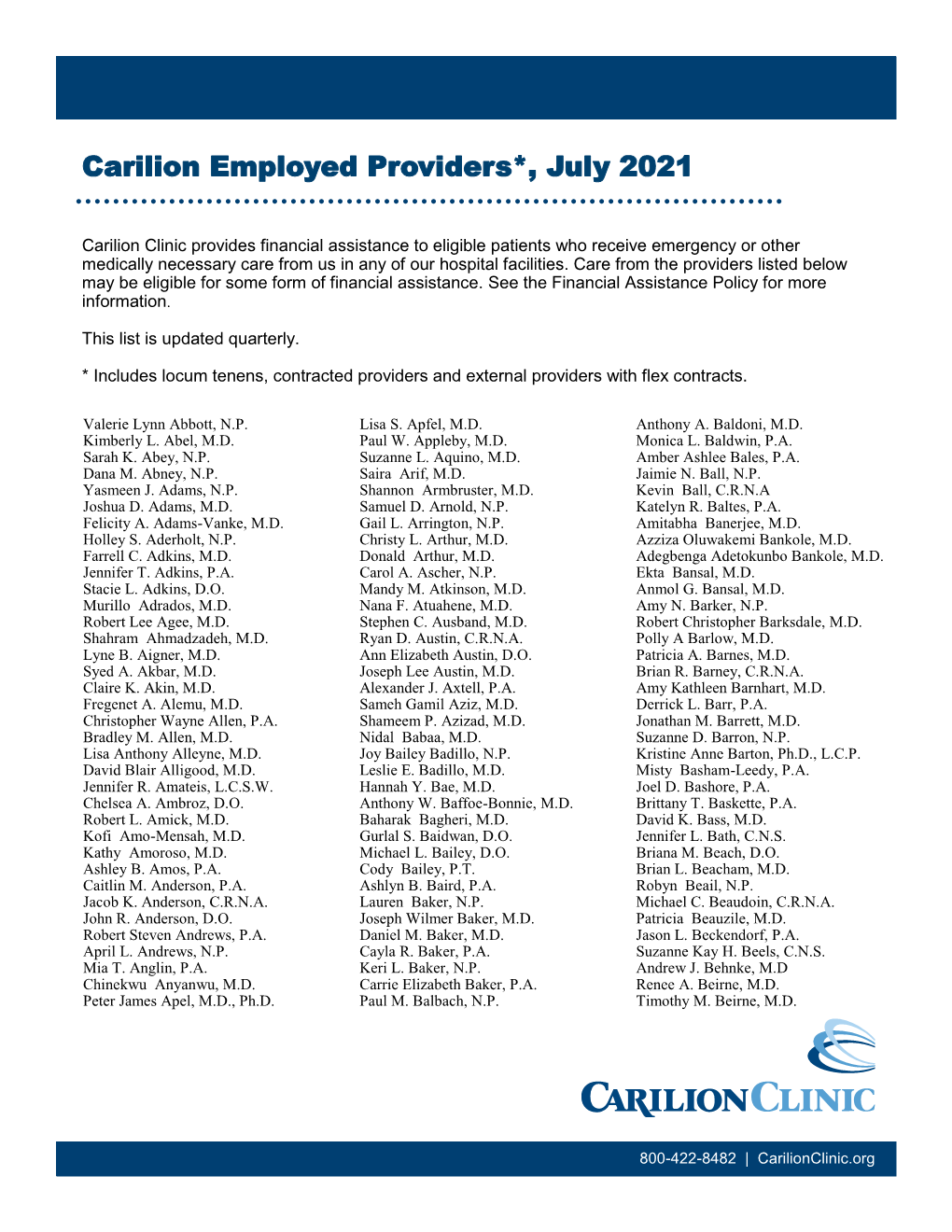 Carilion Employed Providers*, July 2021