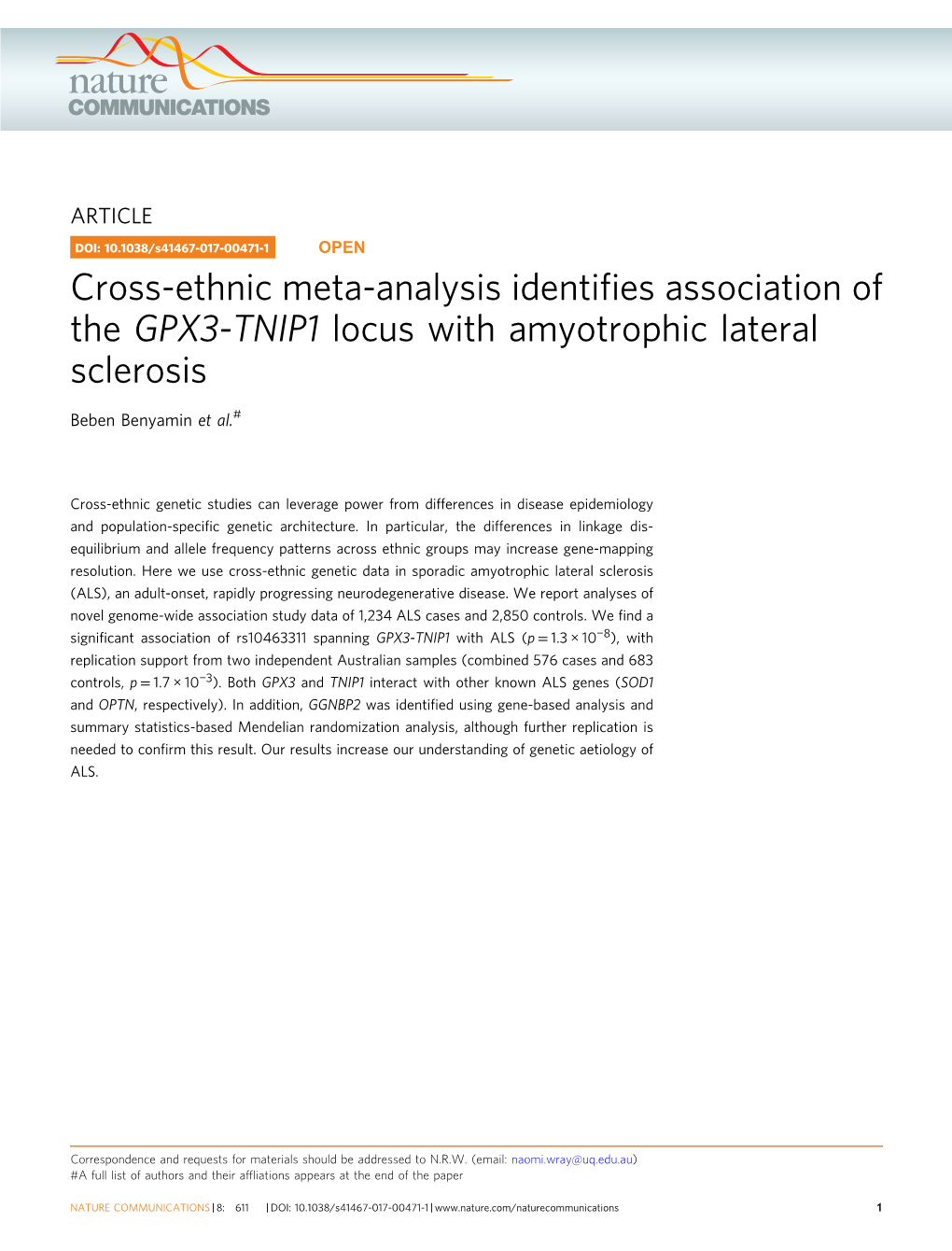 Cross-Ethnic Meta-Analysis Identifies Association of the GPX3-TNIP1 Locus with Amyotrophic Lateral Sclerosis