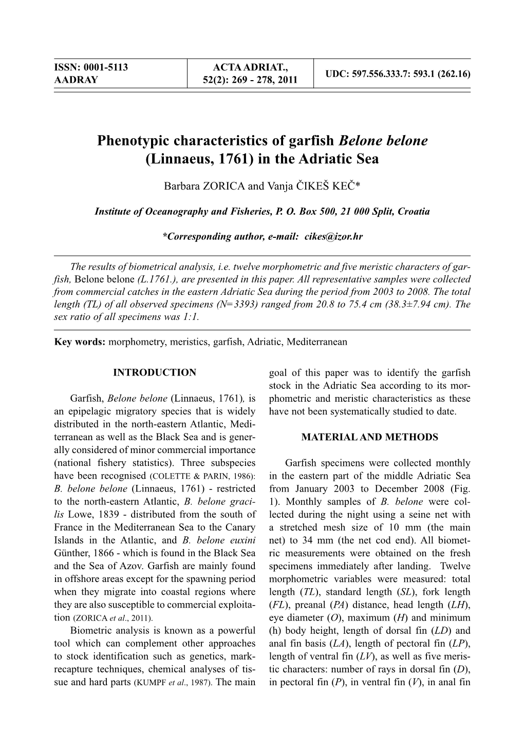 Phenotypic Characteristics of Garfish Belone Belone (Linnaeus, 1761) in the Adriatic Sea