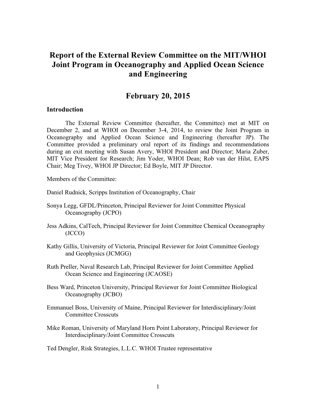 Report of the External Review Committee on the MIT/WHOI Joint Program in Oceanography and Applied Ocean Science and Engineering