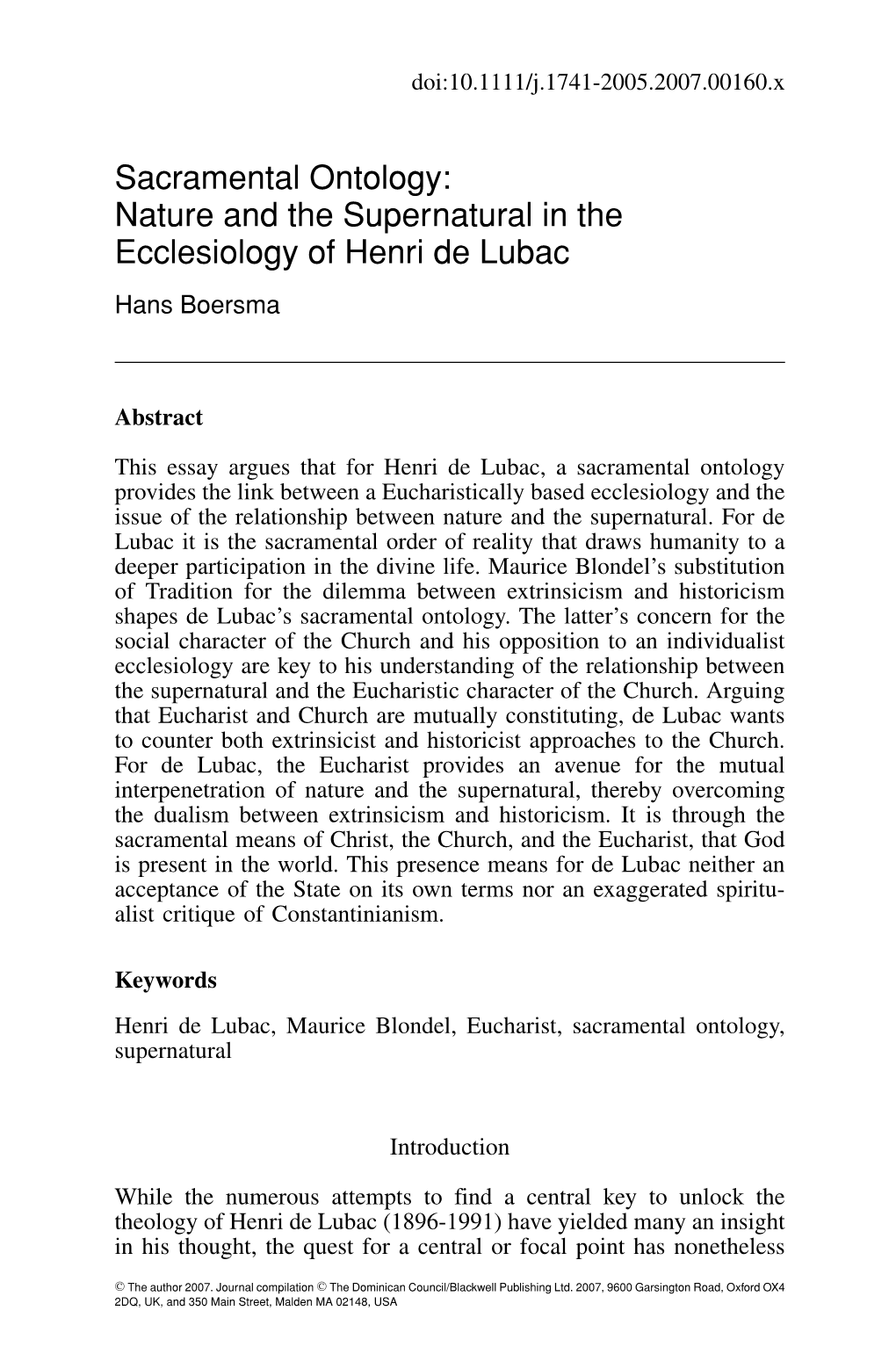 Sacramental Ontology: Nature and the Supernatural in the Ecclesiology of Henri De Lubac Hans Boersma