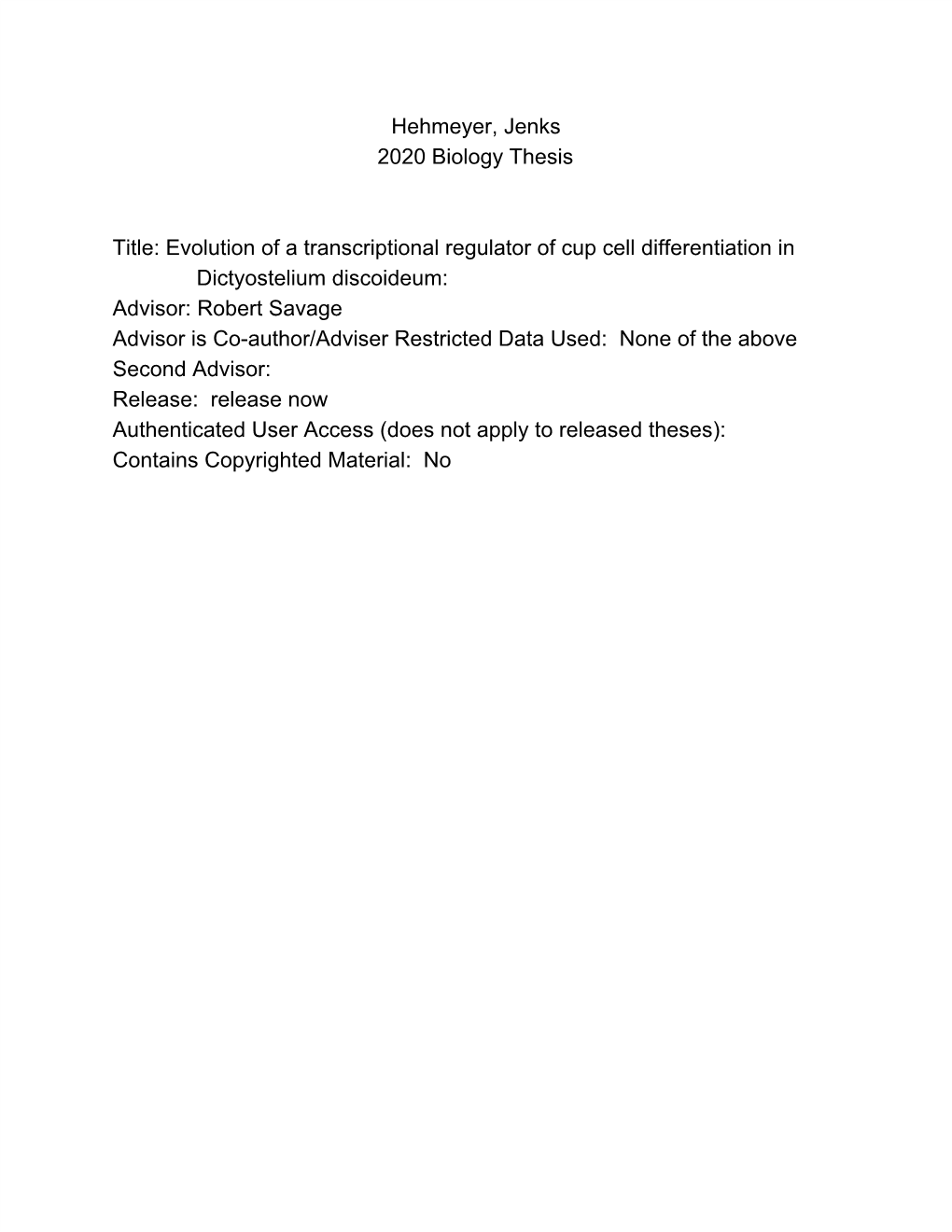 Hehmeyer, Jenks 2020 Biology Thesis Title