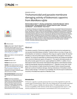 Trichomonicidal and Parasite Membrane Damaging Activity of Bidesmosic Saponins from Manilkara Rufula