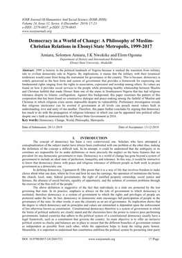 A Philosophy of Muslim- Christian Relations in Ebonyi State Metropolis, 1999-2017