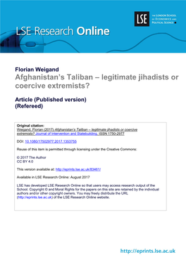 Florian Weigand Afghanistan’S Taliban – Legitimate Jihadists Or Coercive Extremists?