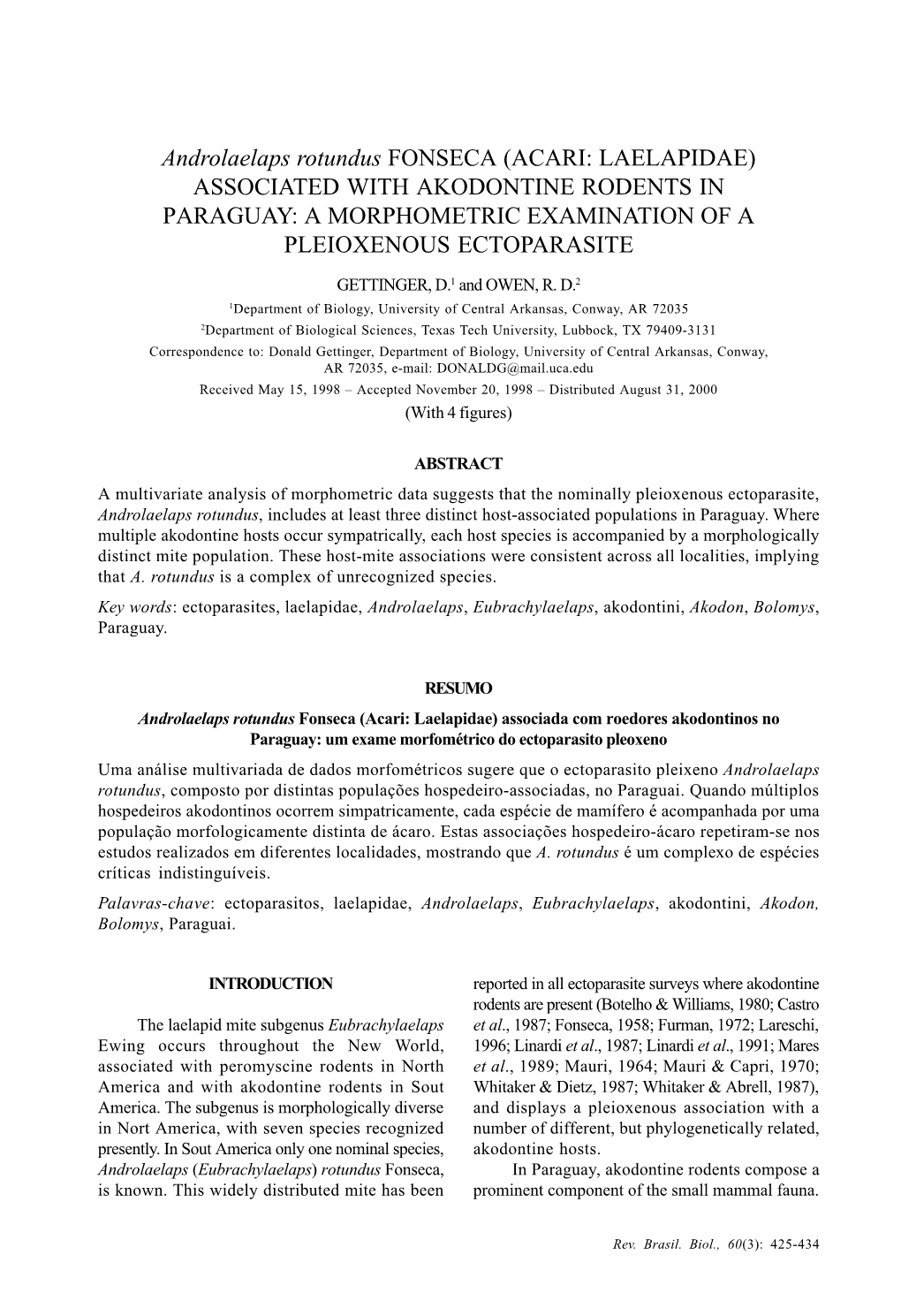 Androlaelaps Rotundus FONSECA (ACARI: LAELAPIDAE) ASSOCIATED with AKODONTINE RODENTS in PARAGUAY: a MORPHOMETRIC EXAMINATION of a PLEIOXENOUS ECTOPARASITE