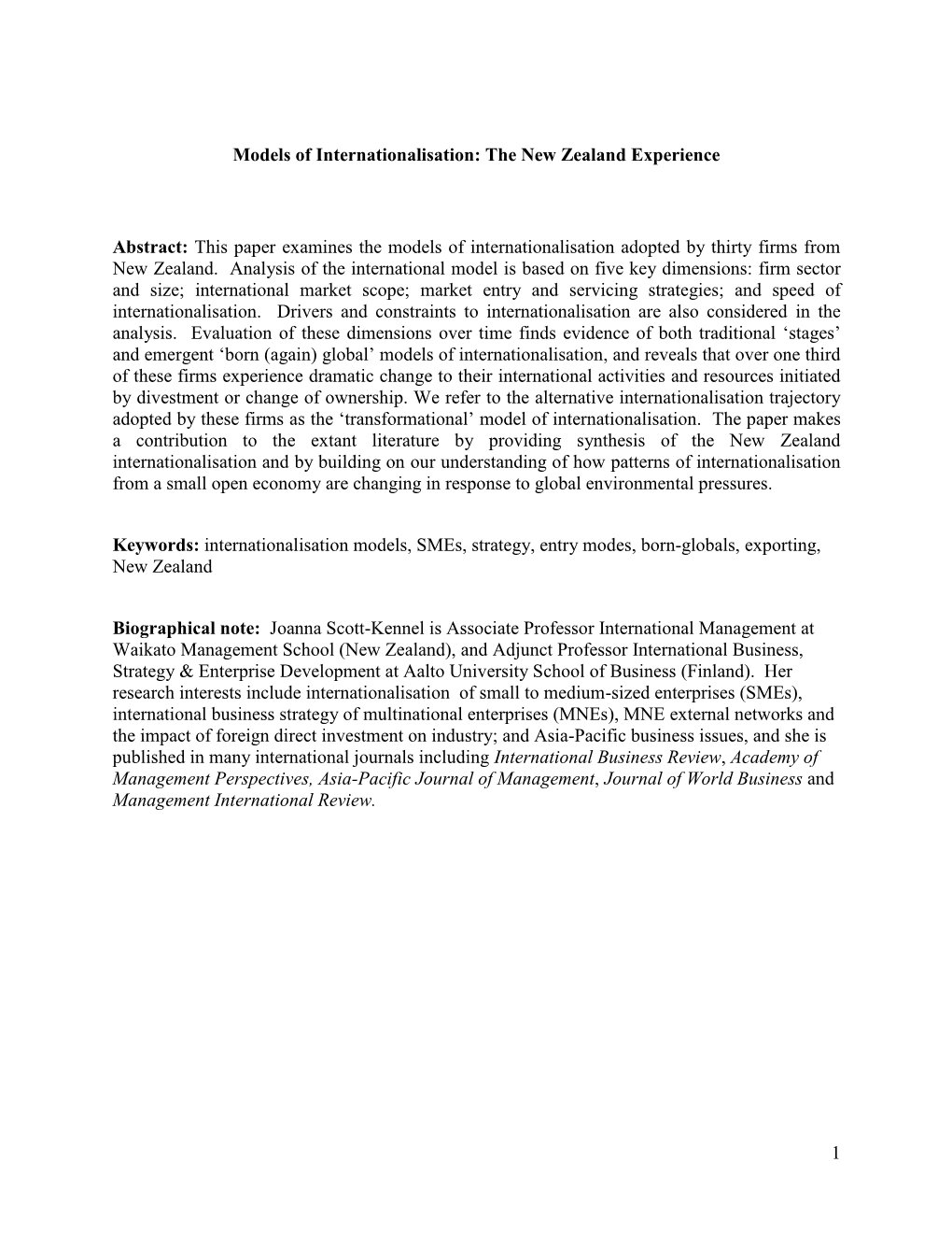 The New Zealand Experience Abstract: This Paper Examines the Models of Internationalisation Ad
