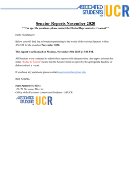 Senator Reports November 2020 ** for Specific Questions, Please Contact the Elected Representative Via Email**