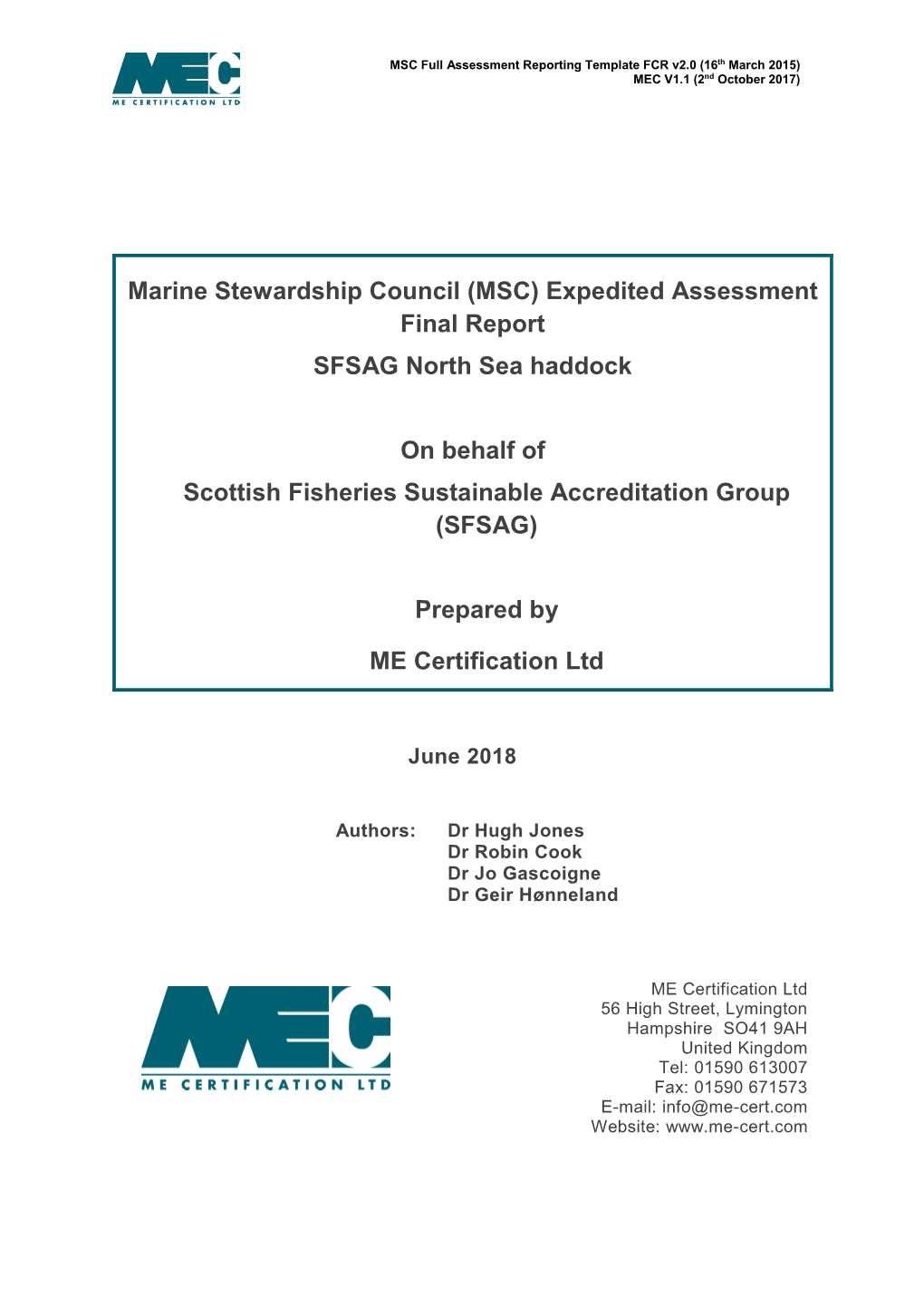 Expedited Assessment Final Report SFSAG North Sea Haddock On