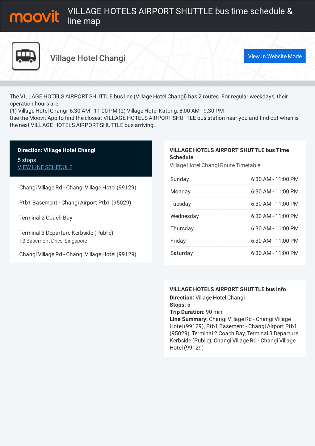 VILLAGE HOTELS AIRPORT SHUTTLE Bus Time Schedule & Line