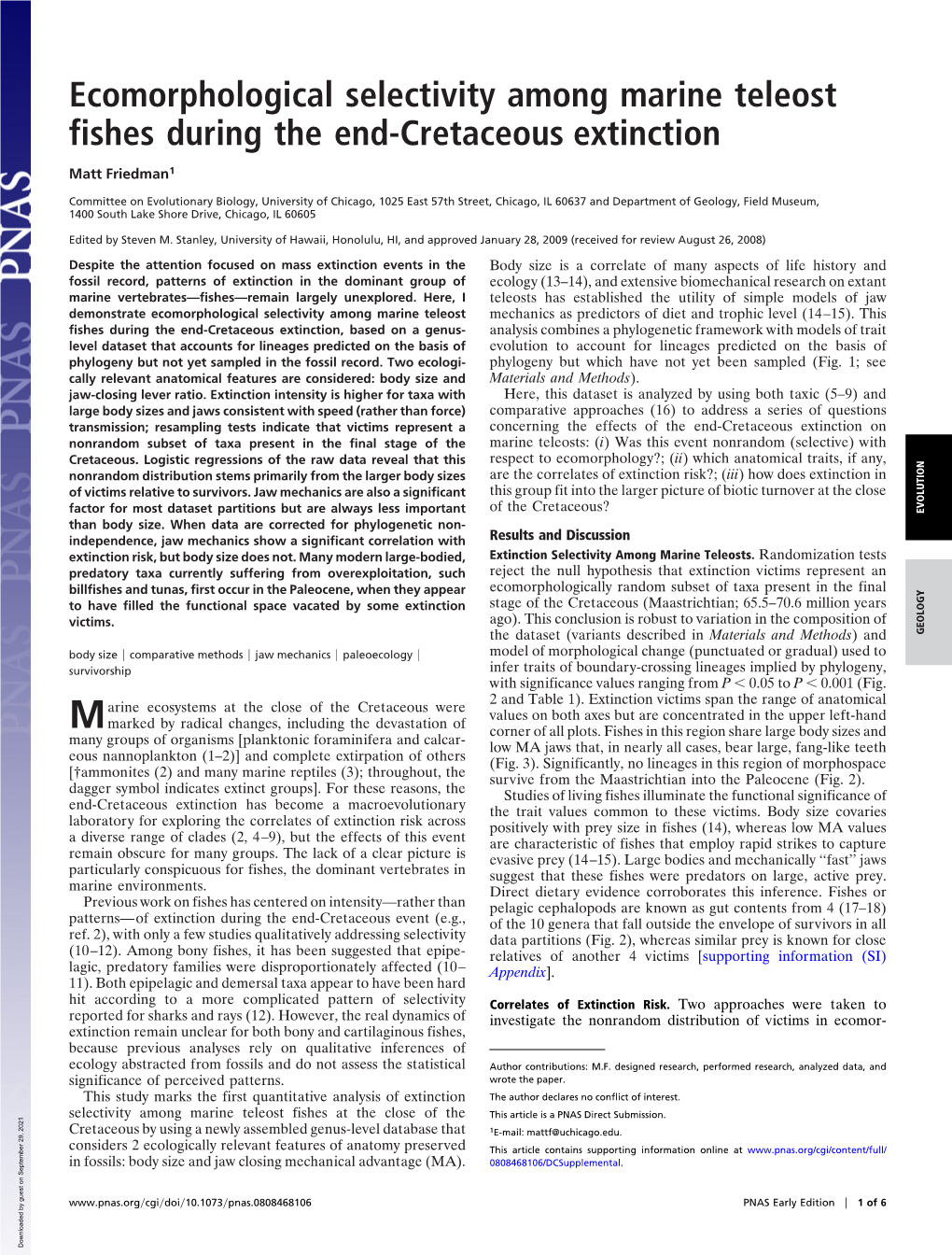 Ecomorphological Selectivity Among Marine Teleost Fishes During the End-Cretaceous Extinction