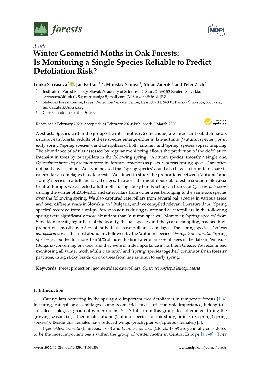 Winter Geometrid Moths in Oak Forests: Is Monitoring a Single Species Reliable to Predict Defoliation Risk?