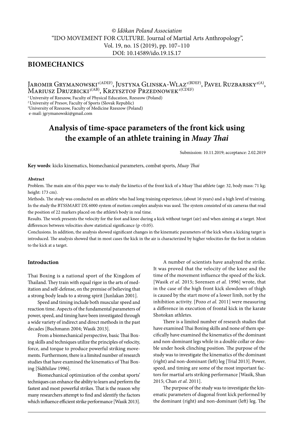 Analysis of Time-Space Parameters of the Front Kick Using the Example of an Athlete Training in Muay Thai