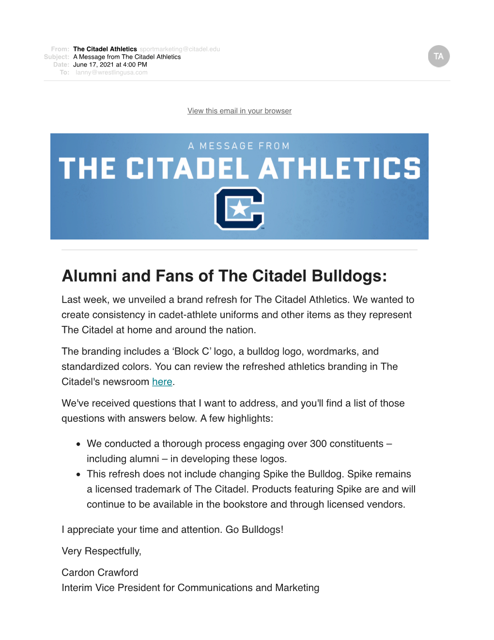 A Message from the Citadel Athletics Date: June 17, 2021 at 4:00 PM To: Lanny@Wrestlingusa.Com