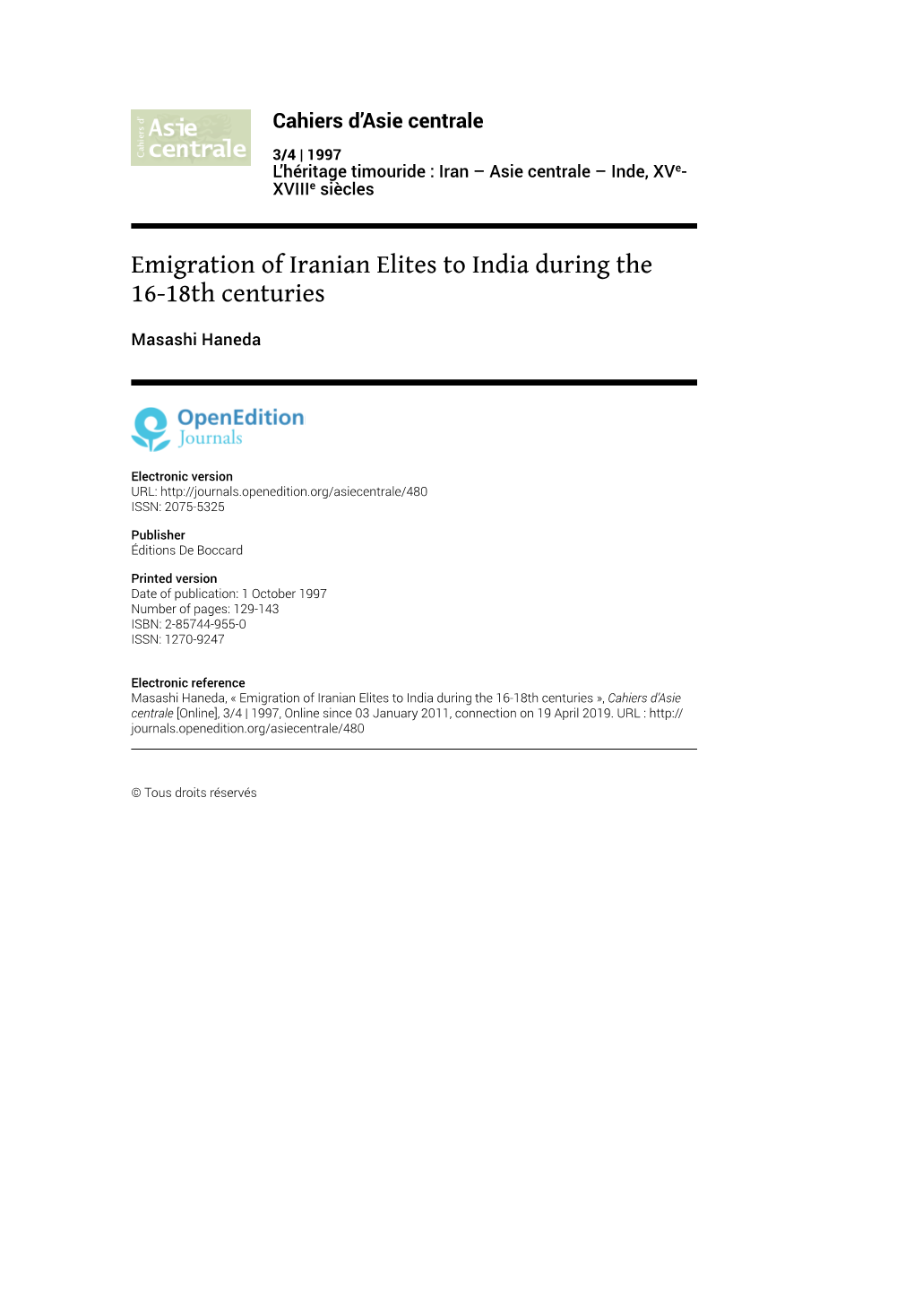 Emigration of Iranian Elites to India During the 16-18Th Centuries