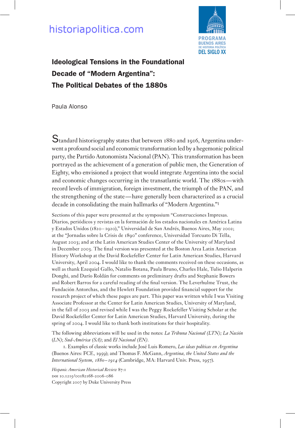 “Modern Argentina”: the Political Debates of the 1880S