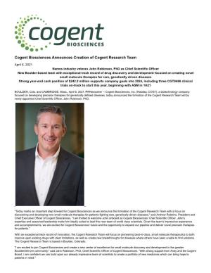 Cogent Biosciences Announces Creation of Cogent Research Team
