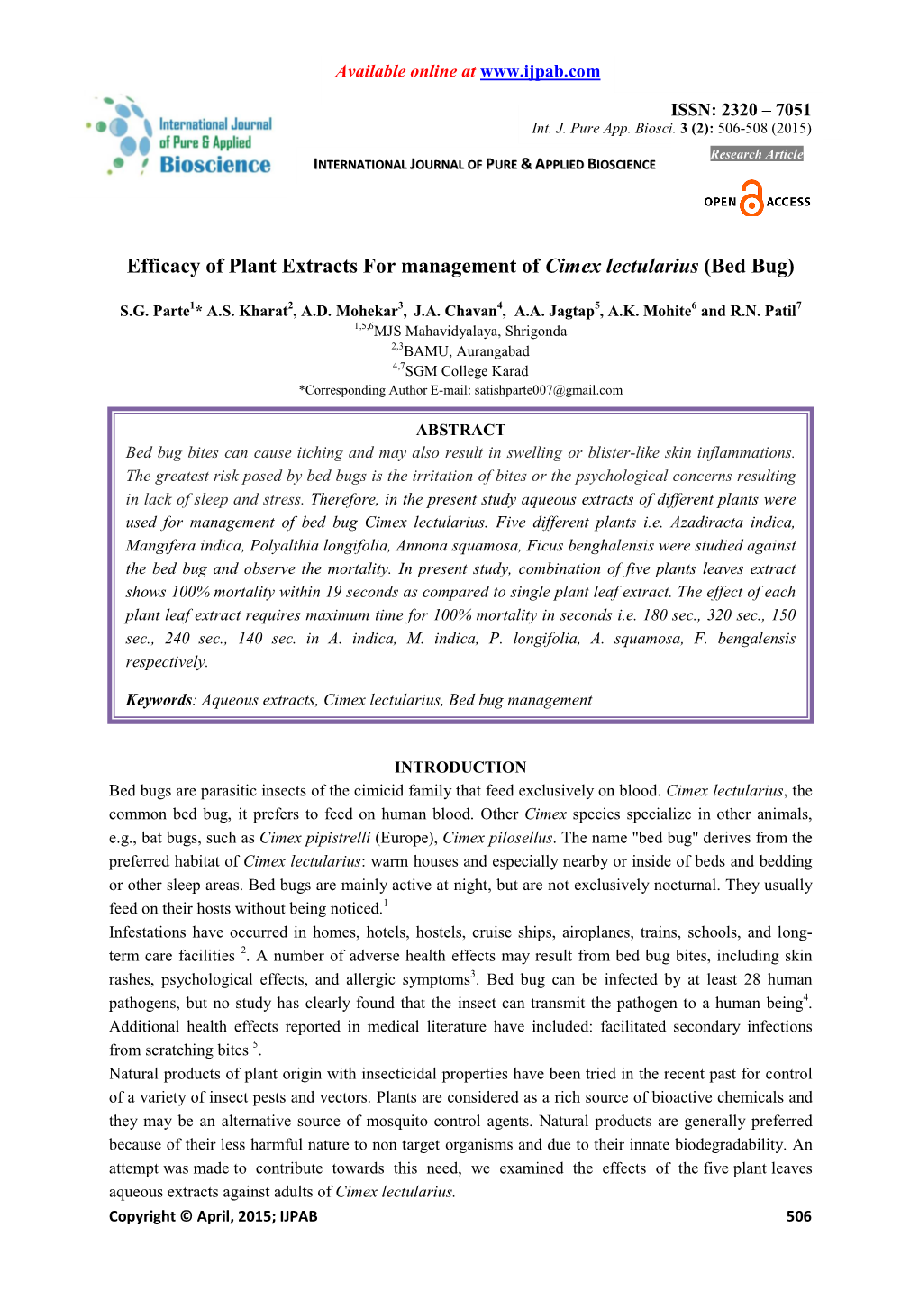 Efficacy of Plant Extracts for Management of Cimex Lectularius (Bed Bug)