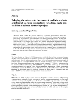 Article Bringing the Universe to the Street. a Preliminary Look at Informal Learning Implications for a Large-Scale Non- Traditional Science Outreach Project