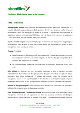 Conditions Générales De Vente Et De Transport TITRE 1