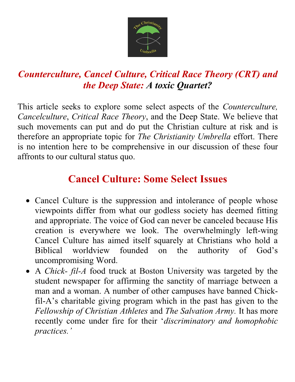 Counterculture, Cancel Culture, Critical Race Theory (CRT) and the Deep State: a Toxic Quartet?