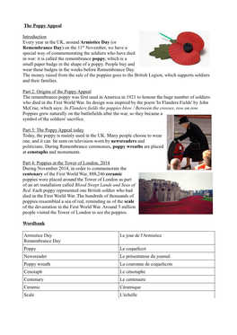 The Poppy Appeal Introduction Every Year in the UK, Around Armistice