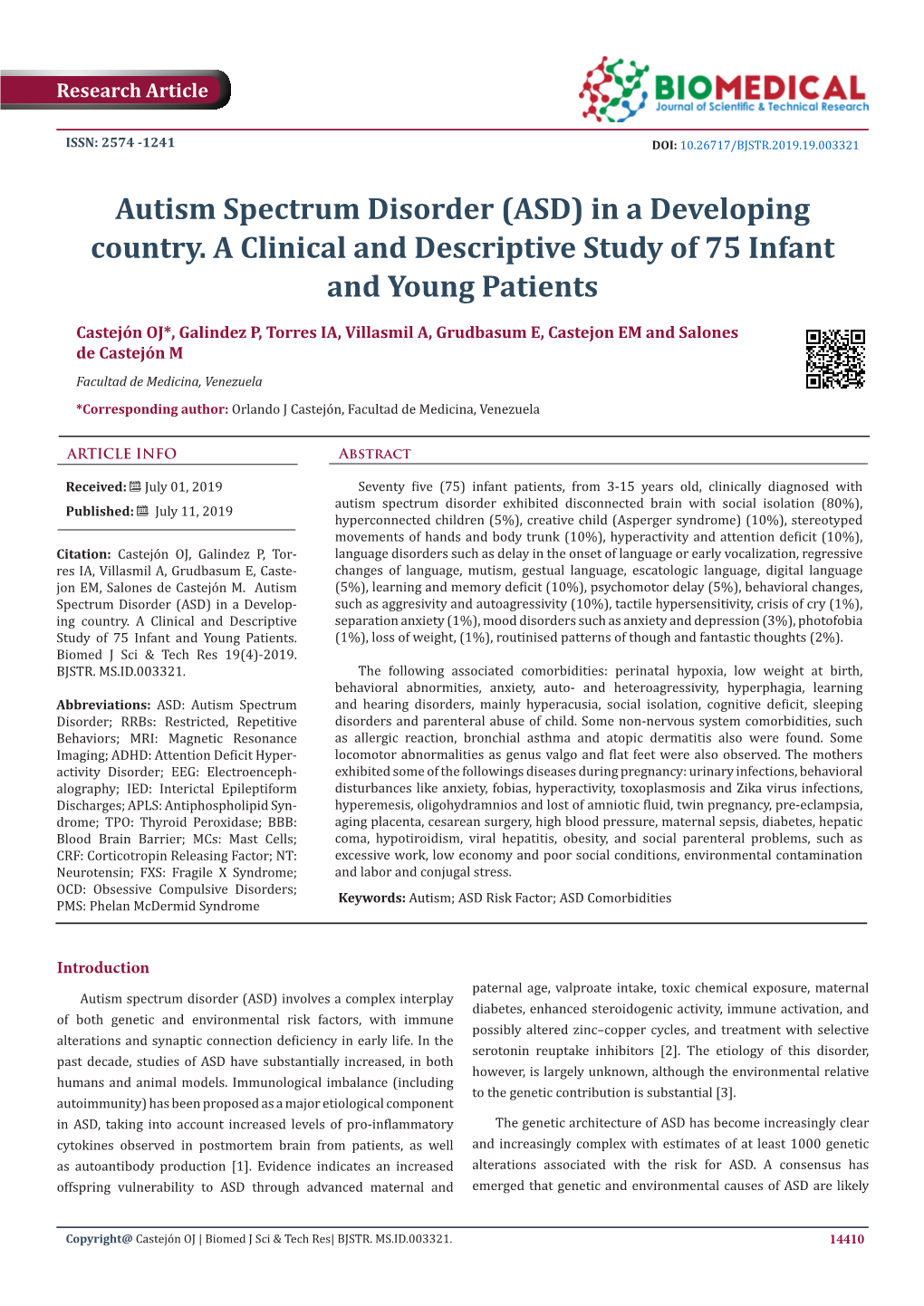 Autism Spectrum Disorder (ASD) in a Developing Country. a Clinical and Descriptive Study of 75 Infant and Young Patients